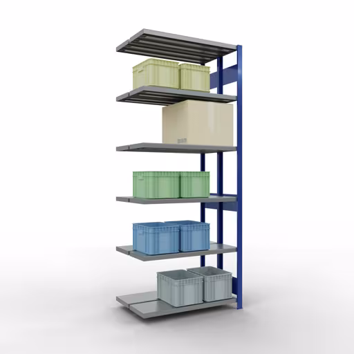 Aanbouwrekken, dubbele rekken, rekkensysteem MULTIplus250, 2500 x 1000 x (2x300) mm (HxBxD), 2x6 planken, lengtestangen, RAL 5010 gentiaanblauw uit de categorie dubbele rekken met de GTIN 4004514296238 Aanbouwrekken, dubbele rekken, rekkensysteem MULTIplus250, 2500 x 1000 x (2x300) mm, 2x6 planken, lengtestangen, RAL 5010 gentiaanblauw van Schulte Lagertechnik uit het rekkenprogramma