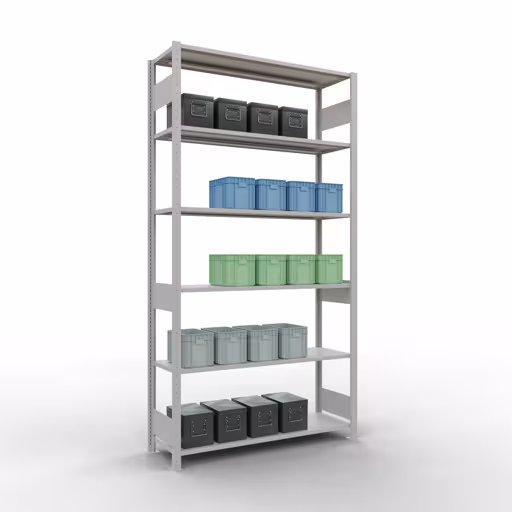 Basisplank, legplank, insteeksysteem MULTIplus150, 2500 x 1300 x 400 mm (HxBxD), 6 legborden, lengtestangen, RAL 7035 lichtgrijs met de GTIN 4004514292780 Basisplank, plankplank, insteeksysteem MULTIplus150, 2500 x 1300 x 400 mm, 6 planken, lengtestangen, RAL 7035 lichtgrijs van Schulte Lagertechnik met het artikelnr. 32641-130-LR