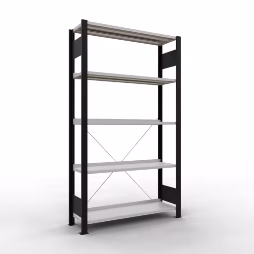 Basisplank, kantoorrek, insteeksysteem MULTIplus85, 1800 x 1000 x 300 mm (HxBxD), 5 planken, dwarsschoor, met aanslagbalk, zwart/lichtgrijs, insteeksysteem, art.nr. 36001-S