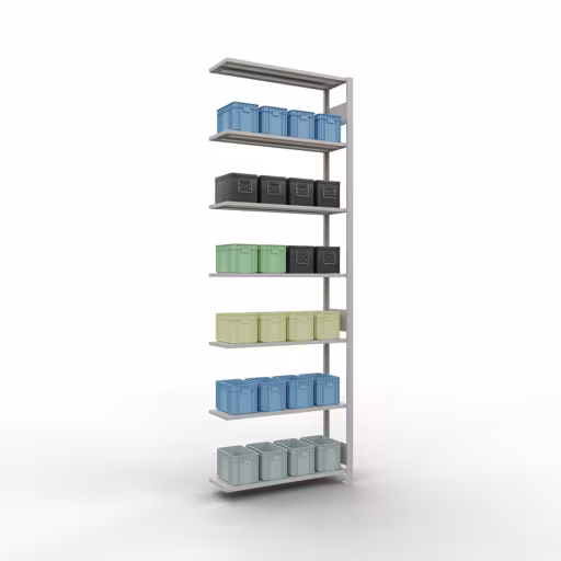 Aanbouwrekken, rekken, insteeksysteem MULTIplus150, 3000 x 1000 x 300 mm (HxBxD), 7 legborden, lengtestangen, RAL 7035 lichtgrijs uit de categorie aanbouwrekken met GTIN 4004514292735 Aanbouwrek, stelling, insteeksysteem MULTIplus150, 3000 x 1000 x 300 mm, 7 legborden, RAL 7035 lichtgrijs van het merk Schulte Lagertechnik uit het assortiment insteeksysteem