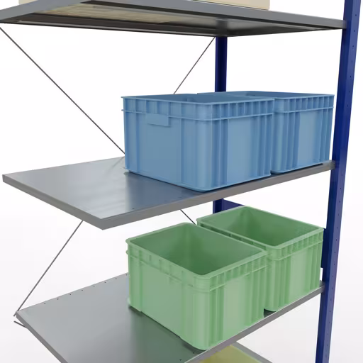 Aanbouwrekken, rekken, insteeksysteem MULTIplus150, 3000 x 1000 x 600 mm (HxBxD), 7 legborden, kruisschoor, RAL 5010/verzinkt met artikelnr. 12767-B Aanbouwrekken, legbord, insteeksysteem MULTIplus150, 3000 x 1000 x 600 mm, 7 legborden, RAL 5010/verzinkt van Schulte Lagertechnik uit de categorie insteeksystemen