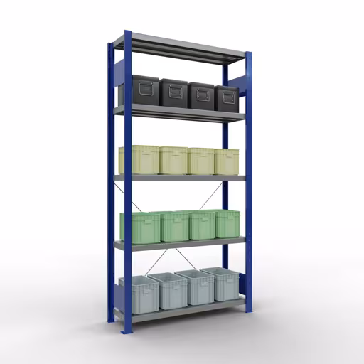 Basisplank, legplank, insteeksysteem MULTIplus330, 2000 x 1000 x 300 mm, 5 legborden, kruisschoor, RAL 5010 gentiaanblauw/verzinkt uit de categorie basisplanken met de GTIN 4004514250551 Basisplank, legbord, insteeksysteem MULTIplus330, 2000 x 1000 x 300 mm, 5 legborden, kruisschoor, RAL 5010 gentiaanblauw/verzinkt van Schulte Lagertechnik uit het assortiment insteeksysteem