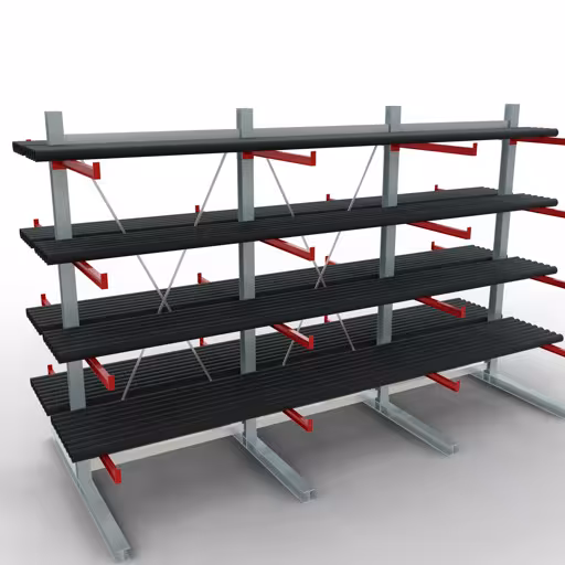 Productafbeelding nr. 12 van artikel K 6000 compleet legbord, dubbelzijdig, 3000 x 4500 x 2x 1000 mm, RAL 7001 / RAL 3000, 5 opslagniveaus Afbeelding nr. 12 van artikel K 6000 complete stelling, dubbelzijdig, 3000 x 4500 x 2x 1000 mm, RAL 7001 / RAL 3000, 5 opslagniveaus uit de productgroep draagarmstellingen van Schulte Lagertechnik