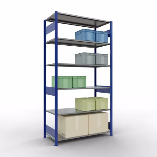 Basisstelling, legbordstelling, insteeksysteem MULTIplus150, 2500 x 1300 x 600 mm (HxBxD), 6 legborden, lengtestangen, RAL 5010 gentiaanblauw/verzinkt met de GTIN 4004514280909 Basisplank, legbord, insteeksysteem MULTIplus150, 2500 x 1300 x 600 mm, 6 legborden, lengtestangen, RAL 5010 gentiaanblauw/verzinkt van Schulte Lagertechnik met artikelnr. 12761-130-LR-B