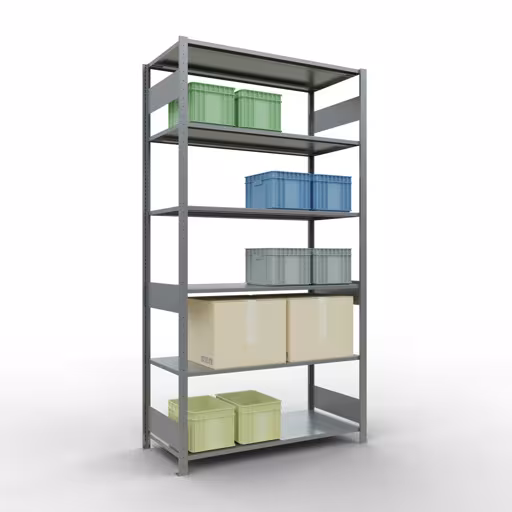 Basisstelling, legbordstelling, insteeksysteem MULTIplus150, 2500 x 1300 x 600 mm (HxBxD), 6 legborden, lengtestangen, verzinkt met GTIN 4004514280893 Basisplank, legbord, insteeksysteem MULTIplus150, 2500 x 1300 x 600 mm, 6 legborden, lengtestangen, verzinkt van Schulte Lagertechnik met het artikelnr. 12761-130-LR