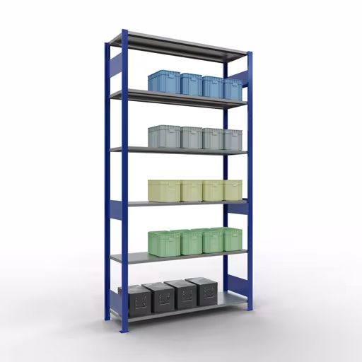 Basisplank, legplank, insteeksysteem MULTIplus150, 2500 x 1300 x 400 mm (HxBxD), 6 legborden, lengtestangen, RAL 5010 gentiaanblauw/verzinkt uit de categorie basisplanken met de GTIN 4058255012435 Basisplank, legbord, insteeksysteem MULTIplus150, 2500 x 1300 x 400 mm, 6 legborden, RAL 5010 gentiaanblauw/gegalvaniseerd van het merk Schulte Lagertechnik uit het assortiment insteeksysteem