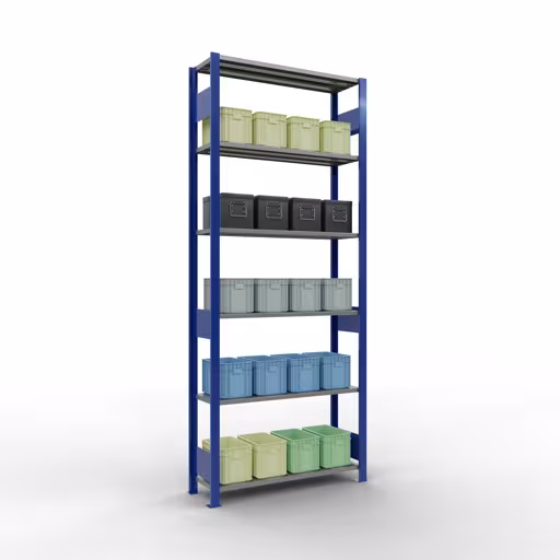 Basisstelling, legbordstelling, insteeksysteem MULTIplus150, 2500 x 1000 x 300 mm (HxBxD), 6 legborden, lengtestangen, RAL 5010 gentiaanblauw/verzinkt met de GTIN 4004514279569 Basisplank, legbord, insteeksysteem MULTIplus150, 2500 x 1000 x 300 mm, 6 legborden, lengtestangen, RAL 5010 gentiaanblauw/verzinkt van Schulte Lagertechnik met het artikelnr. 12731-LR-B