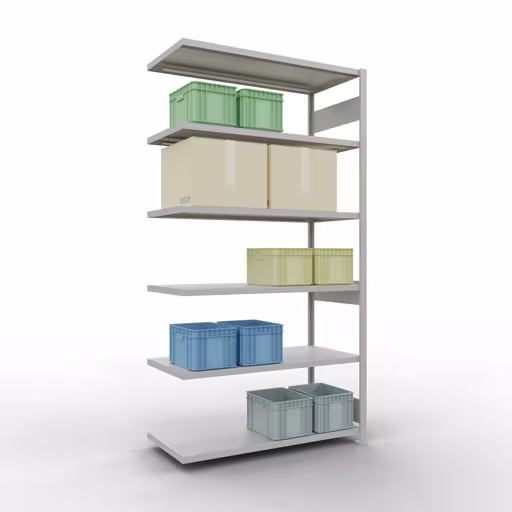 Figuur nr. 15 van het artikel aanbouwrekken, legbordstellingen, insteeksysteem MULTIplus250, 2500 x 1300 x 600 mm, 6 legborden, lengtestangen, RAL 7035 lichtgrijs uit de insteeksysteem productgroep van Schulte Lagertechnik.