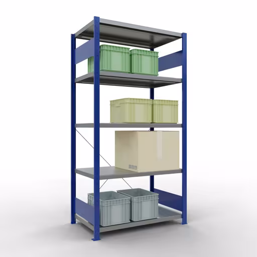 Basisplank, legbord, insteeksysteem MULTIplus250, 2000 x 1000 x 600 mm, 5 legborden, kruisschoor, RAL 5010 gentiaanblauw/verzinkt van het merk Schulte Lagertechnik uit het plug-in systeem-assortiment