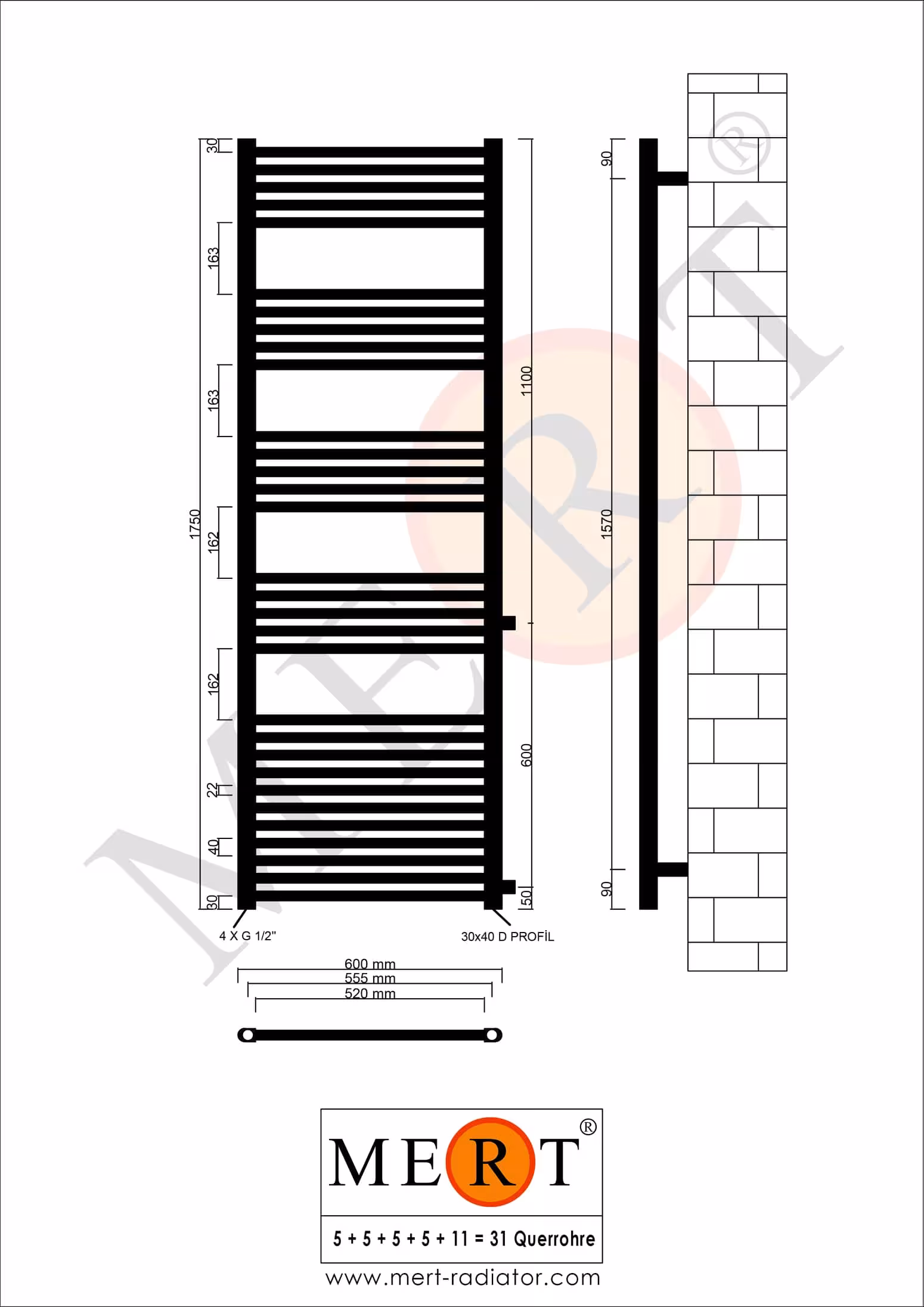 MERT vervangende badkamerradiator wit recht, zijdelingse aansluiting uitvoering maat: 600x1750 mm met de GTIN 4260289851380 MERT vervangende badkamerradiator wit recht, 600*1750 mm, zijdelingse aansluiting 600 mm van MERT met het artikelnr. 1-60x175-ASR-60