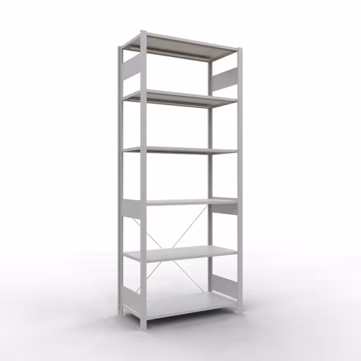 Basisplank, legbord, insteeksysteem MULTIplus85, 2500 x 1000 x 500 mm (HxBxD), 6 legborden, kruisschoor, RAL 7035 lichtgrijs van Schulte Lagertechnik Basisplank, legplank, insteeksysteem MULTIplus85, 2500 x 1000 x 500 mm (HxBxD), 6 legborden, kruisschoor, RAL 7035 lichtgrijs, basisplank, art.nr. 33051