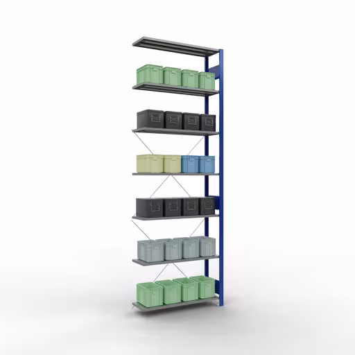 Productafbeelding nr. 15 van het artikel Aanbouwrekken, legbordstellingen, insteeksysteem MULTIplus85, 3000 x 1000 x 300 mm (HxBxD), 7 legborden, kruisschoor, RAL 5010 gentiaanblauw Figuur nr. 15 van het artikel aanbouwrekken, legbordstellingen, insteeksysteem MULTIplus85, 3000 x 1000 x 300 mm, 7 legborden, RAL 5010 gentiaanblauw uit de productgroep insteeksysteem van het merk Schulte Lagertechnik.