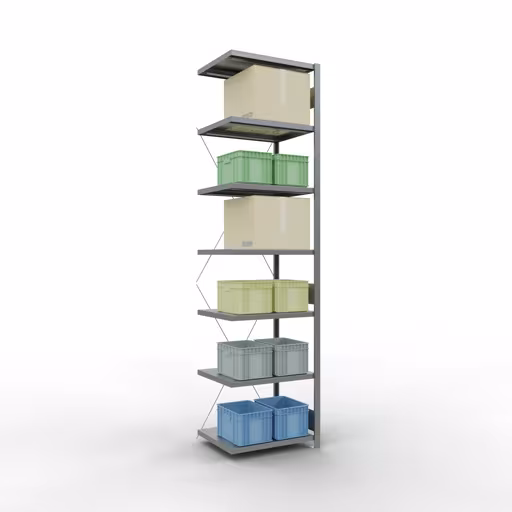 Aanbouwrekken, rekken, insteeksysteem MULTIplus250, 3000 x 750 x 600 mm (HxBxD), 7 legborden, kruisschoor, verzinkt uit de categorie aanbouwrekken met de GTIN 4004514237897 Aanbouwrekken, rekken, insteeksysteem MULTIplus250, 3000 x 750 x 600 mm, 7 legborden, kruisschoor, verzinkt van Schulte Lagertechnik uit het assortiment insteeksysteem