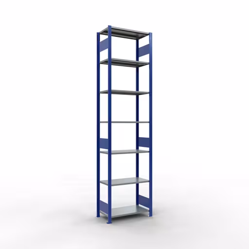Basisplank, legplank, insteeksysteem MULTIplus150, 3000 x 750 x 400 mm (HxBxD), 7 legborden, lengtestang, RAL 5010 gentiaanblauw/verzinkt/verzinkt, basisplank, art.nr. 12742-75-LR-B