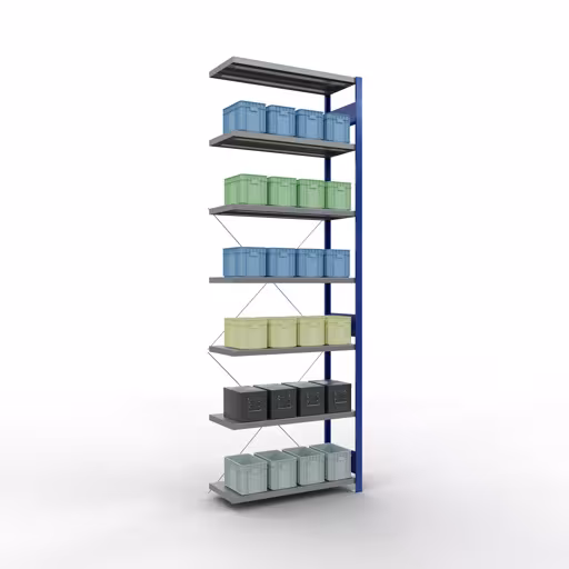 Aanbouwrekken, legbordstellingen, insteeksysteem MULTIplus250, 3000 x 1000 x 400 mm, 7 legborden, kruisschoor, RAL 5010 gentiaanblauw/verzinkt van Schulte Lagertechnik met artikelnr. 12947-B
