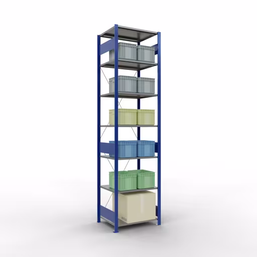 Basisplank, legplank, insteeksysteem MULTIplus150, 3000 x 750 x 600 mm, 7 legborden, RAL 5010 gentiaanblauw/verzinkt/verzinkt van het merk Schulte Lagertechnik uit het plug-in systeem-assortiment