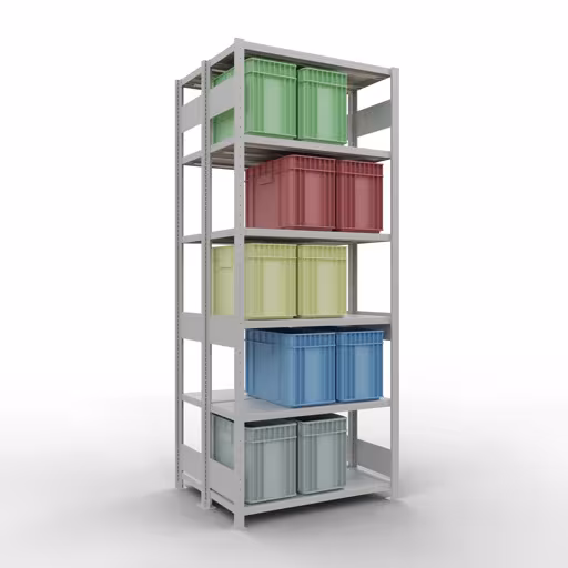 Basisplank, dubbele plank, rekkensysteem MULTIplus250, 2500 x 1000 x (2x400) mm (HxBxD), 2x6 planken, lengtestangen, RAL 7035 lichtgrijs uit de categorie dubbele rekken met de GTIN 4004514270085 Basisplank, dubbele plank, rekkensysteem MULTIplus250, 2500 x 1000 x (2x400) mm, 2x6 planken, lengtestangen, RAL 7035 lichtgrijs van Schulte Lagertechnik uit het rekkenprogramma