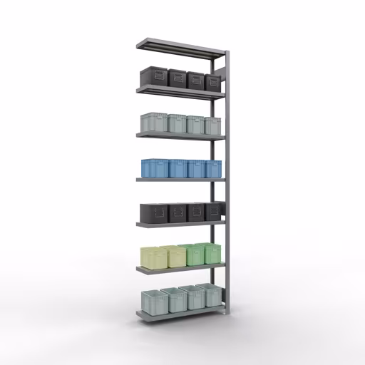 Figuur nr. 15 van het artikel aanbouwrekken, legbordstellingen, insteeksysteem MULTIplus330, 3000 x 1000 x 300 mm, 7 legborden, lengtestangen, verzinkt uit de productgroep insteeksysteem van Schulte Lagertechnik.