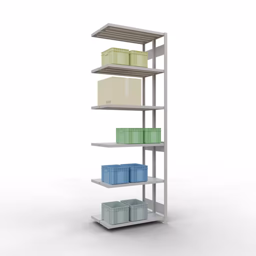 Aanbouwrekken, dubbele rekken, stellingsysteem MULTIplus250, 3000 x 1000 x (2x300) mm (HxBxD), 2x7 planken, lengtestangen, RAL 7035 lichtgrijs met de GTIN 4058255035700 Aanbouwrekken, dubbele rekken, rekkensysteem MULTIplus250, 3000 x 1000 x (2x300) mm, 2x7 planken, lengtestangen, RAL 7035 lichtgrijs van Schulte Lagertechnik met het artikelnr. 33237