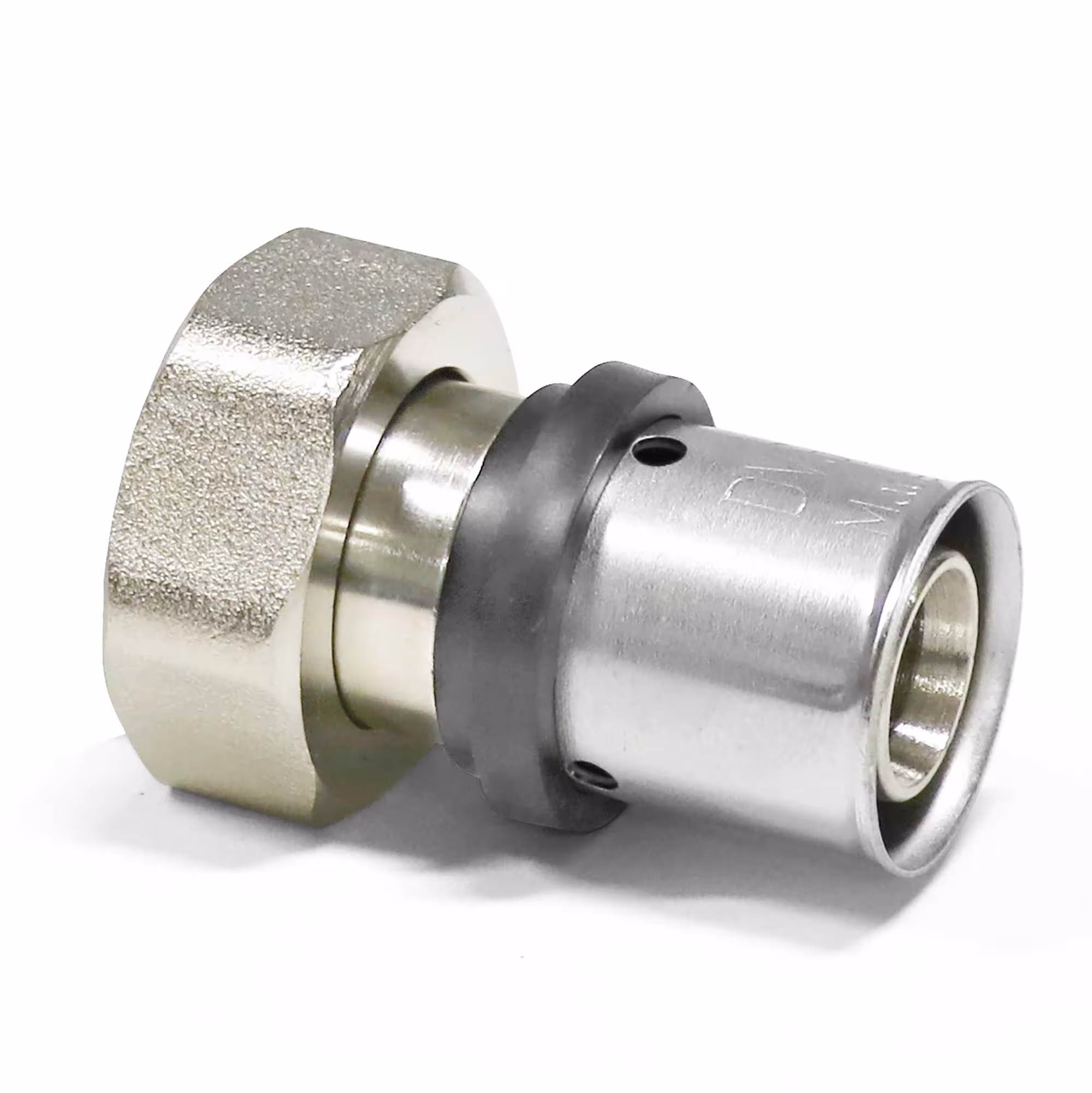 Pipetec persovergangsschroefverbinding van aluminium composietbuis 16 x 2 mm naar 3/4" Euroconus vernikkelde schroefverbinding van Pipetec Persovergangsschroefverbinding met Euroconus schroefdraad, persfittingen, artikelnr. PFV1605EKNI