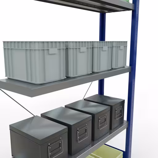 Afbeelding nr. 9 van het artikel aanbouwrekken, legbordstellingen, insteeksysteem MULTIplus330, 2000 x 1000 x 300 mm (HxBxD), 5 legborden, kruisschoor, RAL 5010 gentiaanblauw/verzinkt uit de productgroep insteeksysteem van het merk Schulte Lagertechnik.