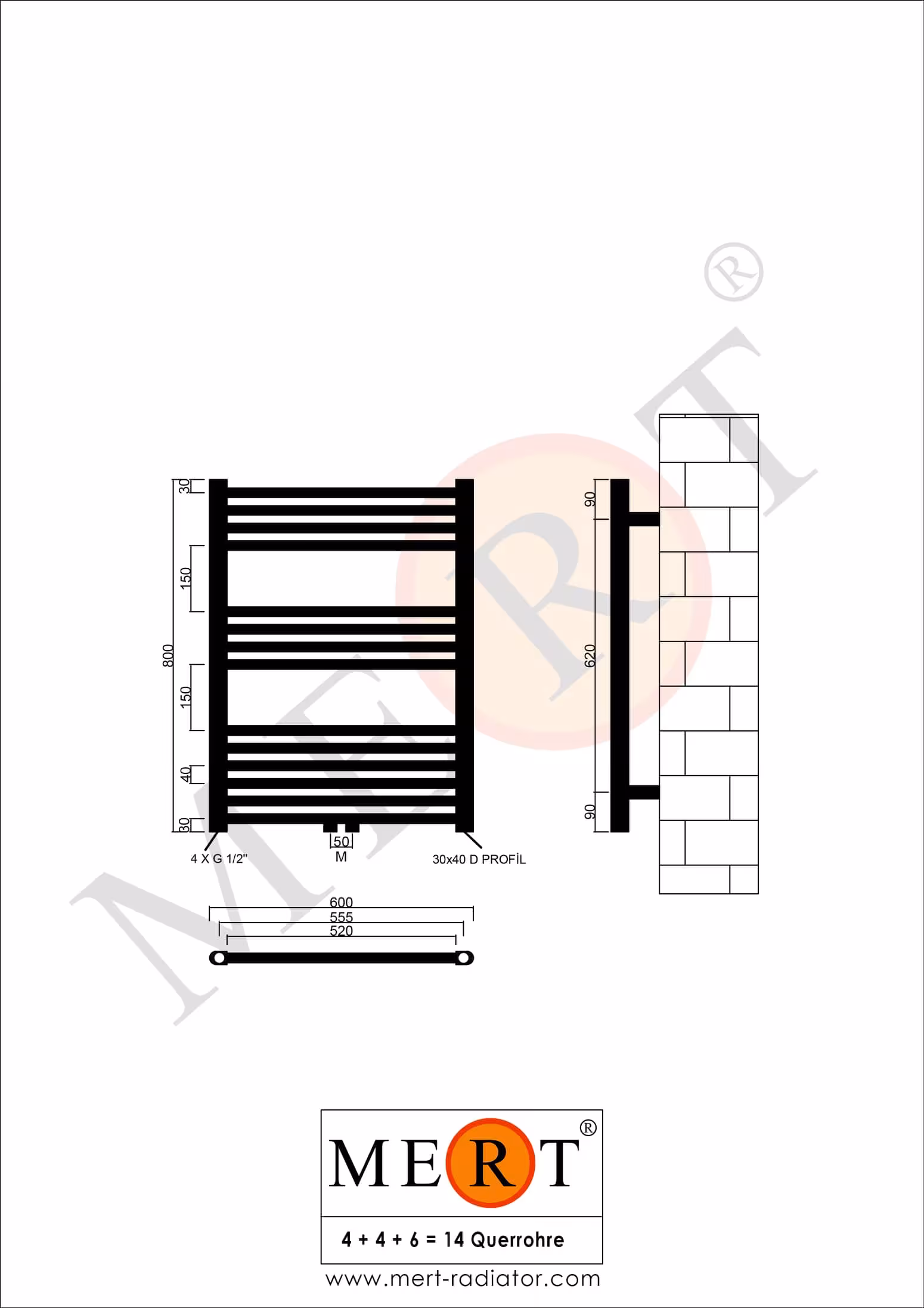MERT badkamerradiator wit recht, 600*800 mm, middenaansluiting van MERT uit de categorie radiatoren