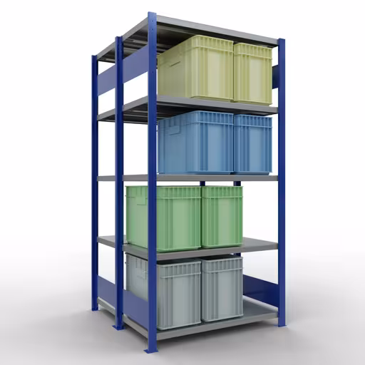 Andere weergave van het artikel Basisplank, dubbele plank, rekkensysteem MULTIplus250, 2000 x 1000 x (2x500) mm, 2x5 planken, lengtestangen, RAL 5010 gentiaanblauw uit de categorie rekken