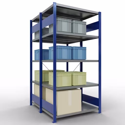 Basisplank, dubbele plank, rekkensysteem MULTIplus250, 2000 x 1000 x (2x600) mm (HxBxD), 2x5 planken, kruisschoor, RAL 5010 gentiaanblauw uit de categorie dubbele rekken met de GTIN 4004514292193 Basisplank, dubbele plank, stellingsysteem MULTIplus250, 2000 x 1000 x (2x600) mm, 2x5 planken, kruisschoor, RAL 5010 gentiaanblauw van Schulte Lagertechnik uit het rekkenprogramma