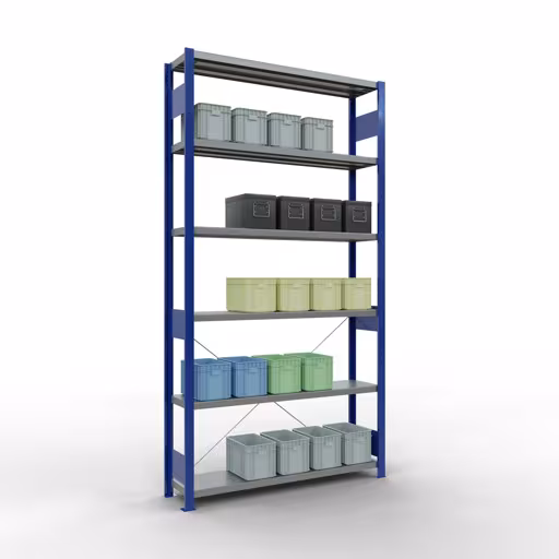 Basisplank, legplank, insteeksysteem MULTIplus250, 2500 x 1300 x 300 mm (HxBxD), 6 legborden, kruisschoor, RAL 5010 gentiaanblauw/verzinkt uit de categorie basisplanken met de GTIN 4004514281999 Basisplank, legbord, insteeksysteem MULTIplus250, 2500 x 1300 x 300 mm, 6 legborden, kruisschoor, RAL 5010 gentiaanblauw/verzinkt van Schulte Lagertechnik uit het assortiment insteeksysteem