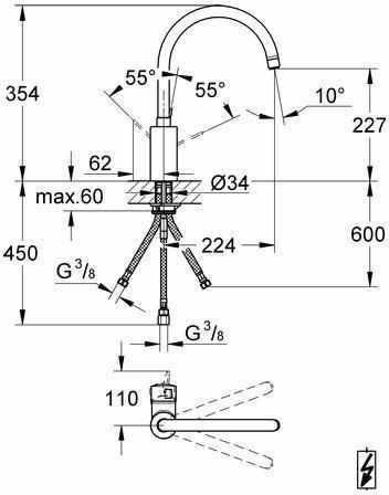 Technische Zeichnung 4046466 GROHE ééngreeps wastafelmengkraan Eurosmart C 31180 hoge uitloop lage druk chroom