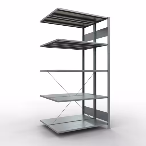 Figuur nr. 13 van het artikel aanbouwrekken, dubbele rekken, stellingrek insteeksysteem MULTIplus150, 2000 x 1000 x (2x400) mm, 2x5 planken, kruisschoor, verzinkt uit de stellingstelling productgroep van Schulte Lagertechnik.