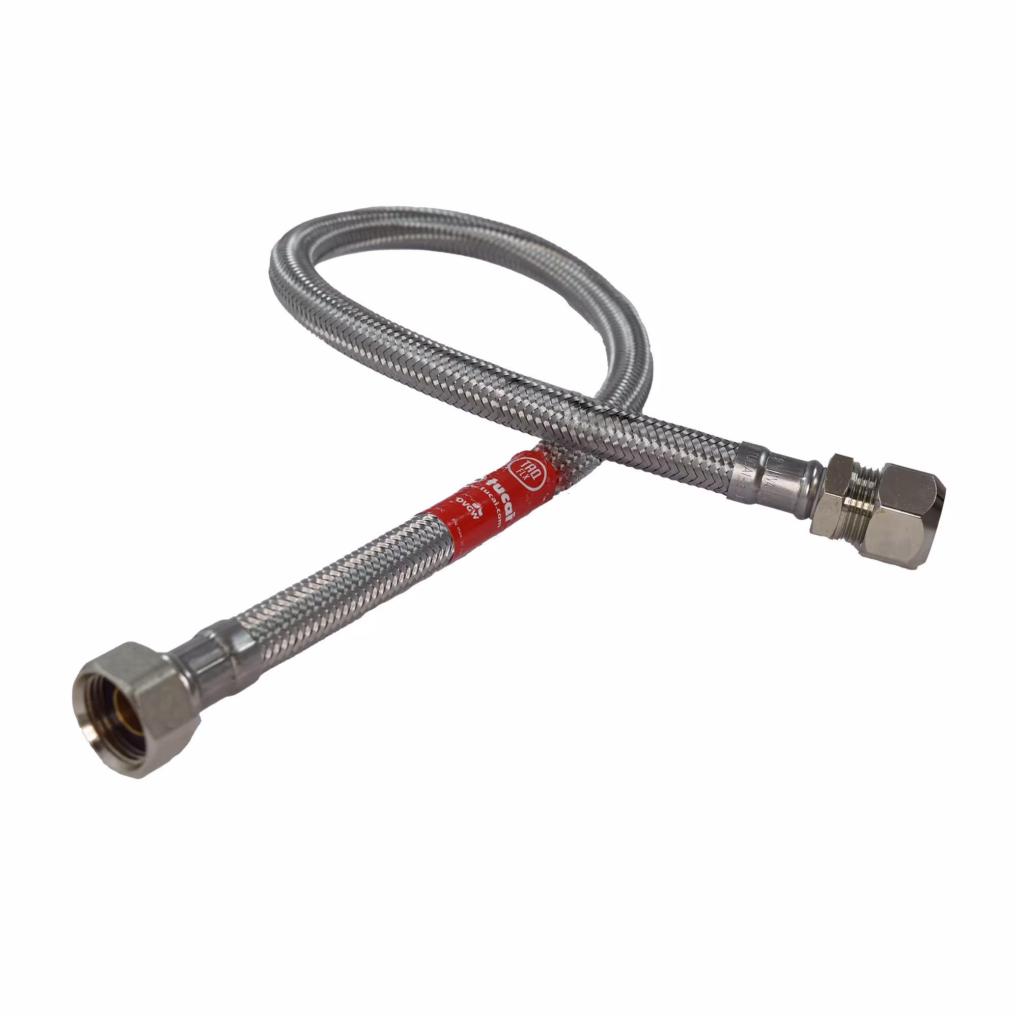 RVS/TPE fitting flexibele slang DN 8 - 500 mm met knelkoppeling 10 mm x wartelmoer 3/8" DVGW pantserslang van Tucai Passende slangen DN8 QV10 x 3/8" ID, gepantserde slangen, artikelnr. 202102