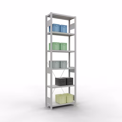 Productafbeelding nr. 14 van het artikel basisplank, plankplank, insteeksysteem MULTIplus250, 2500 x 750 x 300 mm (HxBxD), 6 planken, kruisschoor, RAL 7035 lichtgrijs Figuur nr. 14 van het artikel basisplank, legbord, insteeksysteem MULTIplus250, 2500 x 750 x 300 mm, 6 legborden, kruisschoor, RAL 7035 lichtgrijs uit de productgroep insteeksysteem van Schulte Lagertechnik.