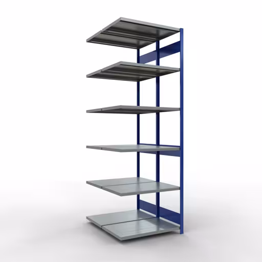 Aanbouwrekken, dubbele rekken, stellingsysteem MULTIplus250, 3000 x 1000 x (2x600) mm, 2x7 planken, lengtestangen, RAL 5010 gentiaanblauw van Schulte Lagertechnik met het artikelnr. 33267-B