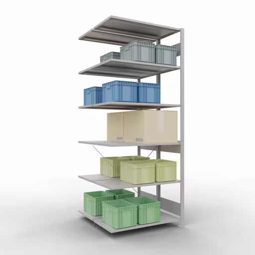 Aanbouwrekken, dubbele rekken, stellingsysteem MULTIplus150, 2500 x 1000 x (2x500) mm (HxBxD), 2x6 planken, kruisschoor, RAL 7035 lichtgrijs met artikelnr. 32756 Aanbouwrekken, dubbele rekken, rekkensysteem MULTIplus150, 2500 x 1000 x (2x500) mm, 2x6 planken, kruisschoor, RAL 7035 lichtgrijs van Schulte Lagertechnik uit de categorie rekken