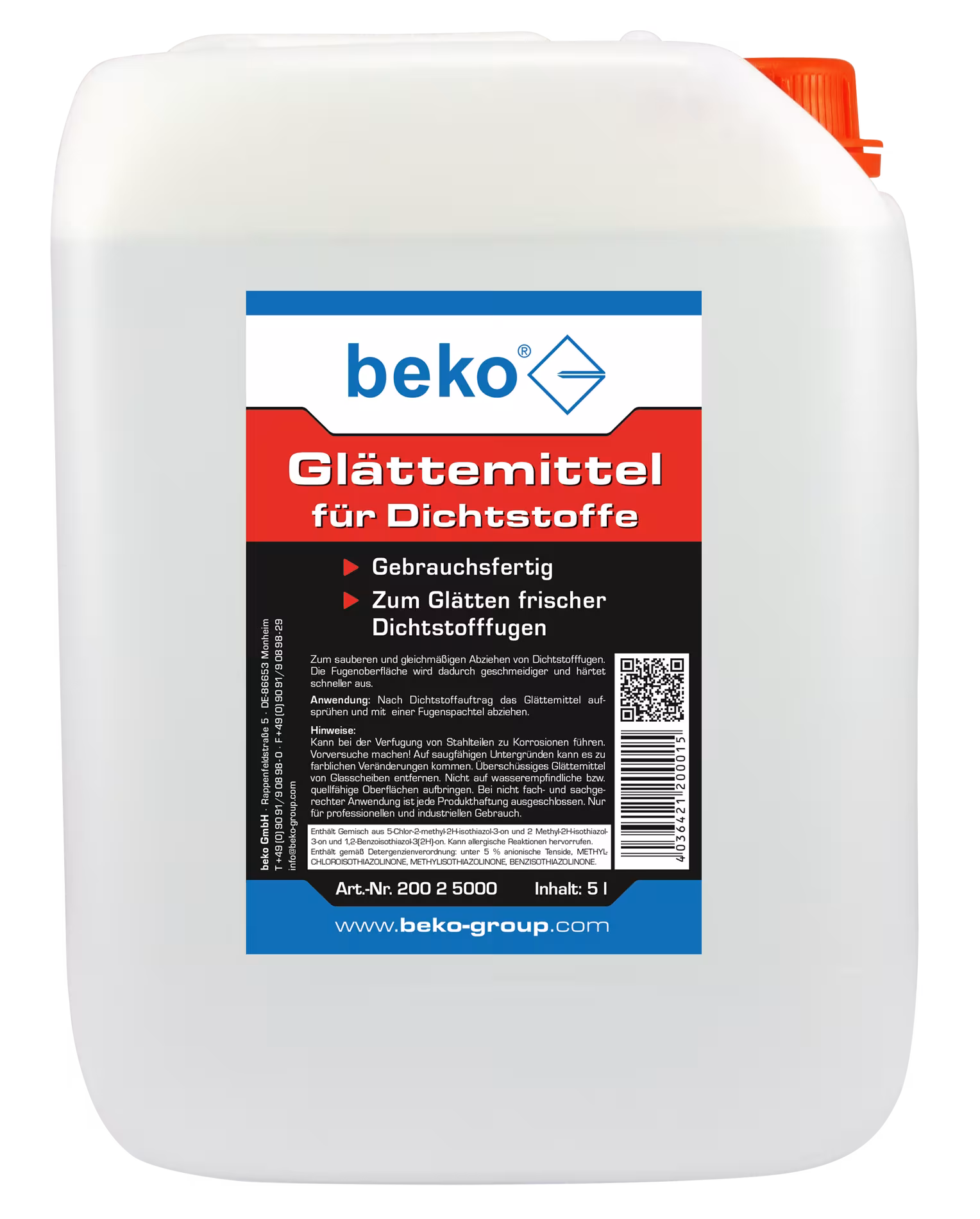 Gladmaakmiddel voor afdichtingsmiddelen, klaar voor gebruik, 5 liter jerrycan van Beko Gladmaakmiddel voor afdichtingsmiddelen, gebruiksklaar, 5 l jerrycan uit de categorie toebehoren afdichtingsmiddelen met artikelnr. 200 2 5000