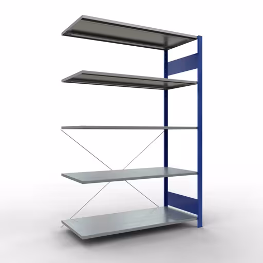 Aanbouwrekken, rekken, insteeksysteem MULTIplus150, 2000 x 1300 x 600 mm (HxBxD), 5 planken, kruisschoor, RAL 5010 gentiaanblauw/gegalvaniseerd van Schulte Lagertechnik Aanbouwrekken, rekken, insteeksysteem MULTIplus150, 2000 x 1300 x 600 mm (HxBxD), 5 legborden, kruisschoor, RAL 5010 gentiaanblauw/verzinkt, aanbouwplank, art.nr. 12765-130-B