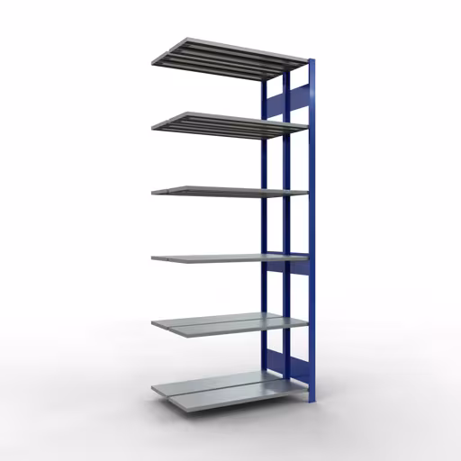 Aanbouwrekken, dubbele rekken, stellingsysteem MULTIplus150, 2500 x 1000 x (2x300) mm (HxBxD), 2x6 planken, lengtestangen, RAL 5010 gentiaanblauw, dubbele planken, art.nr. 33136-B