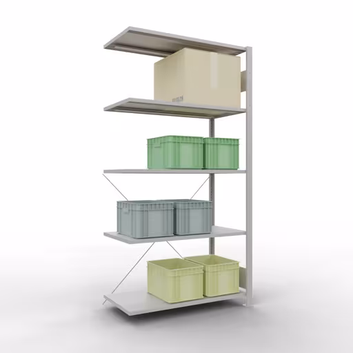 Aanbouwplank, hoekplank (veld C) 2000 x 1000 x 500, 5 planken, kruisschoor, RAL 7035 lichtgrijs met artikelnr. 32655-ECK Aanbouwplank, hoekplank (veld C) 2000 x 1000 x 500, 5 planken, kruisschoor, RAL 7035 lichtgrijs van Schulte Lagertechnik uit de categorie plankenplanken