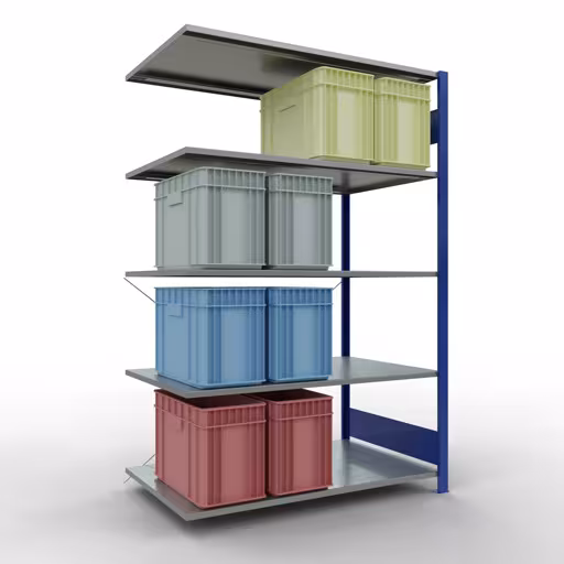 Aanbouwstelling, stelling MULTIplus150 insteeksysteem, 2000 x 1300 x 800 mm (HxBxD), 5 legborden, kruisschoor, RAL 5010 gentiaanblauw/verzinkt met de GTIN 4004514281470 Aanbouwrekken, rekken, insteeksysteem MULTIplus150, 2000 x 1300 x 800 mm, 5 legborden, kruisschoor, RAL 5010 gentiaanblauw/verzinkt van Schulte Lagertechnik met artikelnr. 12785-130-B