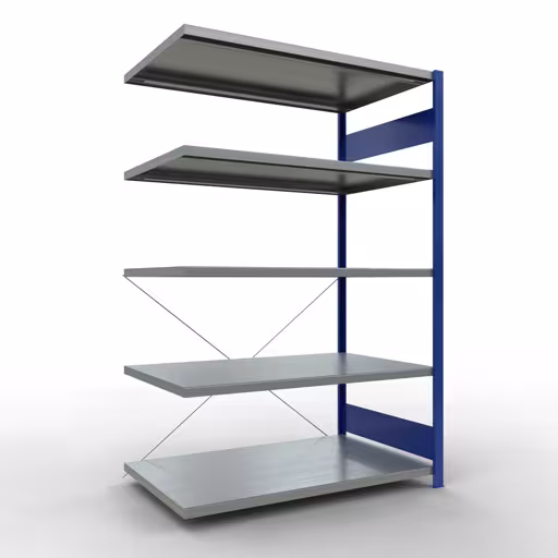 Aanbouwrekken, rekken, insteeksysteem MULTIplus250, 2000 x 1300 x 800 mm (HxBxD), 5 planken, kruisschoor, RAL 5010 gentiaanblauw/gegalvaniseerd van Schulte Lagertechnik Aanbouwrekken, legbordstellingen, insteeksysteem MULTIplus250, 2000 x 1300 x 800 mm (HxBxD), 5 legborden, kruisschoor, RAL 5010 gentiaanblauw/verzinkt, aanbouwplank, art.nr. 12985-130-B