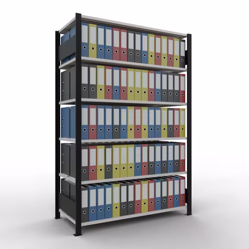 Basisstelling, kantoorstelling, insteeksysteem MULTIplus150, 2000 x 1300 x 600 mm, 6 legborden, lengtestangen, met middenaanslag, zwart/lichtgrijs van Schulte Lagertechnik uit het assortiment kantoorstellingen
