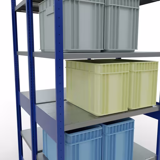 Basisplank, dubbele plank, rekkensysteem MULTIplus250, 2500 x 1000 x (2x600) mm (HxBxD), 2x6 planken, lengtestangen, RAL 5010 gentiaanblauw uit de categorie dubbele rekken met de GTIN 4004514296337 Basisplank, dubbele plank, stellingsysteem MULTIplus250, 2500 x 1000 x (2x600) mm, 2x6 planken, lengtestangen, RAL 5010 gentiaanblauw van Schulte Lagertechnik uit het rekkenprogramma