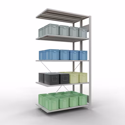 Afbeelding nr. 11 van het artikel aanbouwrekken, dubbele rekken, stellingrekken, insteeksysteem MULTIplus150, 2000 x 1000 x (2x300) mm, 2x5 legborden, kruisschoor, RAL 7035 lichtgrijs uit de productgroep stellingstellingen van Schulte Lagertechnik
