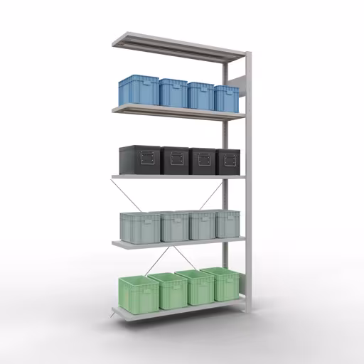 Productafbeelding nr. 14 van het artikel Aanbouwrekken, legbordstellingen, insteeksysteem MULTIplus85, 2000 x 1000 x 300 mm (HxBxD), 5 legborden, kruisschoor, RAL 7035 lichtgrijs Figuur nr. 14 van het artikel aanbouwrekken, legbordstellingen, insteeksysteem MULTIplus85, 2000 x 1000 x 300 mm, 5 legborden, RAL 7035 lichtgrijs uit de productgroep insteeksysteem van het merk Schulte Lagertechnik.