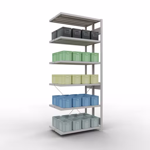 Aanbouwrekken, dubbele rekken, stellingsysteem MULTIplus250, 2500 x 1000 x (2x300) mm (HxBxD), 2x6 planken, kruisschoor, RAL 7035 lichtgrijs met artikelnr. 32136-A Aanbouwrekken, dubbele rekken, rekkensysteem MULTIplus250, 2500 x 1000 x (2x300) mm, 2x6 planken, kruisschoor, RAL 7035 lichtgrijs van Schulte Lagertechnik uit de categorie rekken