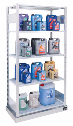 Basisplank, kleine containerplank, 2000 x 1000 x 500 mm (HxBxD), verzinkt, met opvangbak (inhoud: 36 liter) en 4 roosterroosters uit de categorie milieurekken met de GTIN 4004514227522 Basisrek, klein containerrek, 2000 x 1000 x 500 mm, verzinkt, met opvangbak (volume: 36 liter) en 4 roosterroosters van Schulte Lagertechnik uit het assortiment schapplanken