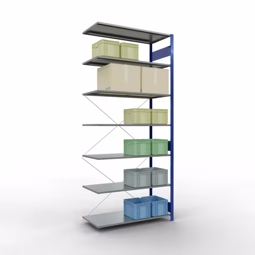 Aanbouwrekken, rekken, insteeksysteem MULTIplus150, 3000 x 1300 x 600 mm (HxBxD), 7 legborden, kruisschoor, RAL 5010 gentiaanblauw/verzinkt met artikelnr. 12767-130-B Aanbouwrekken, rekken, insteeksysteem MULTIplus150, 3000 x 1300 x 600 mm, 7 legborden, RAL 5010 gentiaanblauw/gegalvaniseerd van Schulte Lagertechnik uit de categorie insteeksystemen