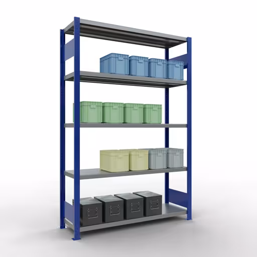 Productafbeelding nr. 14 van het artikel basisplank, legbord, insteeksysteem MULTIplus250, 2000 x 1300 x 400 mm (HxBxD), 5 legborden, lengtebalk, RAL 5010 gentiaanblauw/verzinkt Figuur nr. 14 van het artikel basisrek, legbord, insteeksysteem MULTIplus250, 2000 x 1300 x 400 mm, 5 legborden, lengtestangen, RAL 5010 gentiaanblauw/verzinkt uit de insteeksysteem productgroep van Schulte Lagertechnik.