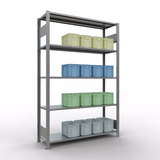 Basisplank, legplank, insteeksysteem MULTIplus150, 2000 x 1300 x 400 mm (HxBxD), 5 legborden, lengtestangen, verzinkt met artikelnr. 12740-130-LR Basisplank, legplank, insteeksysteem MULTIplus150, 2000 x 1300 x 400 mm, 5 legborden, lengtestangen, verzinkt van Schulte Lagertechnik uit de categorie insteeksystemen